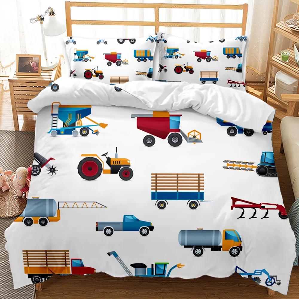 Engineering Car Duvet Cover Construction Vehicle Bedding Set Boys Excavator Dump Truck Cement Mixer Roller Polyester Qulit Cover