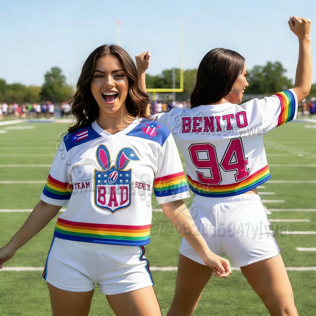 Benito Bowl Rugby Mesh Jersey Puerto Rico Shirt V-Neck Fashionable Streetwear Short Sleeved Summer Women'S T-Shirt
