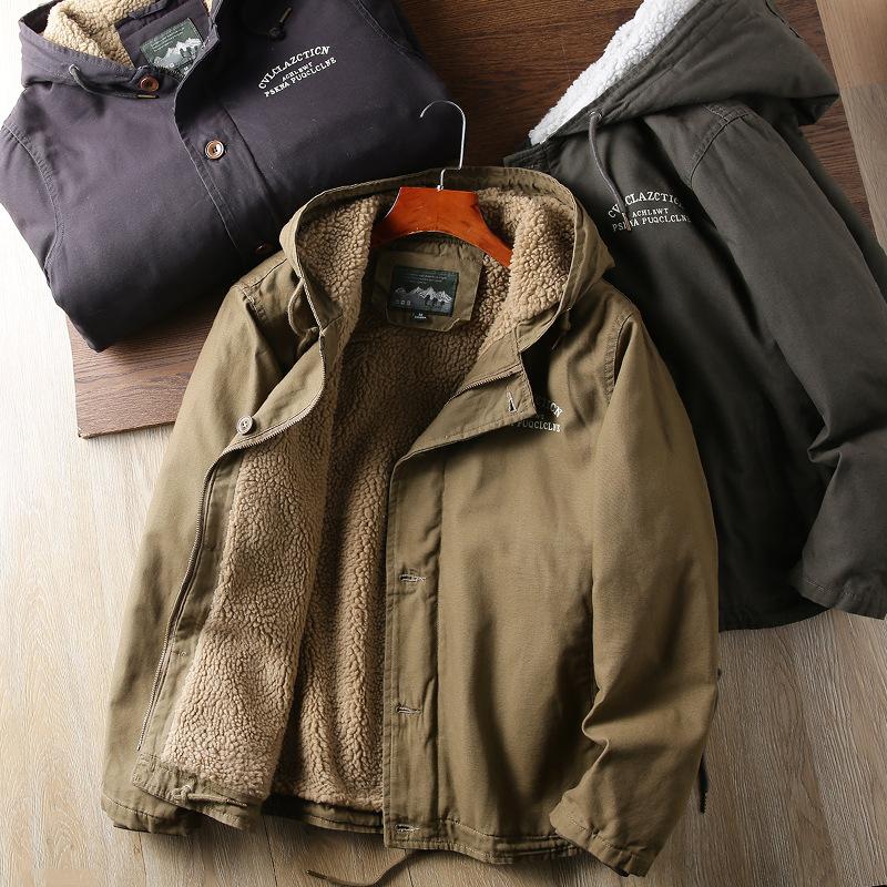 Zimní palubní oblečení Bavlnou vycpaná bunda Středního věku Zesílená Sametová Pracovní bunda Retro Bunda z jehněčí vlny Pánská