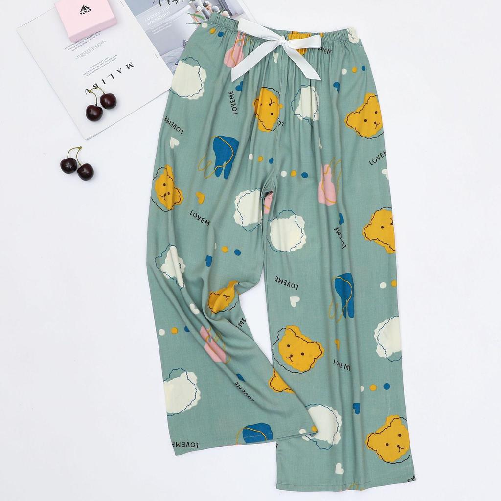 Women's Cotton-Silk Cartoon Pajama Pants, Summer Thin, Black & White Wide-Leg, Plus Size, Outdoor Beach Wear.