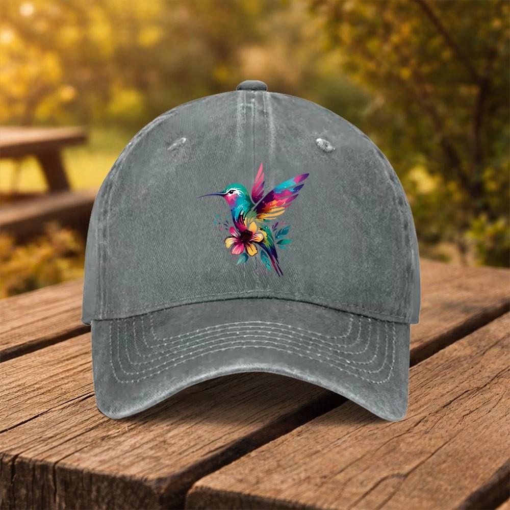 Hummingbird Floral Print Washed Denim Baseball Cap Adjustable Outdoor Casual Sports Hat