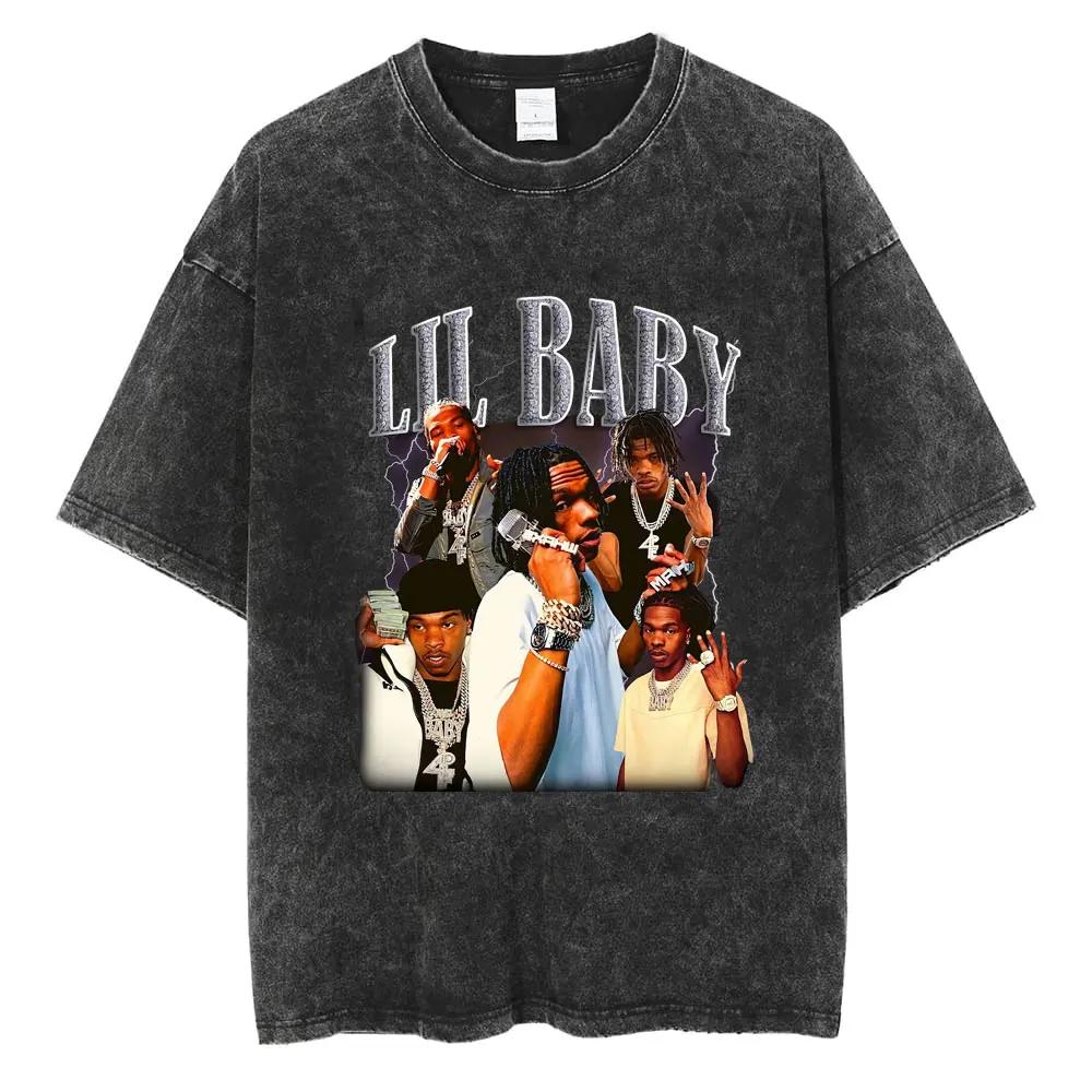 Rapper Lil Baby Wham World Tour Maglietta Lavata Vintage Uomo Donna Moda Casual Maglietta Retrò Hip Hop Magliette Oversize