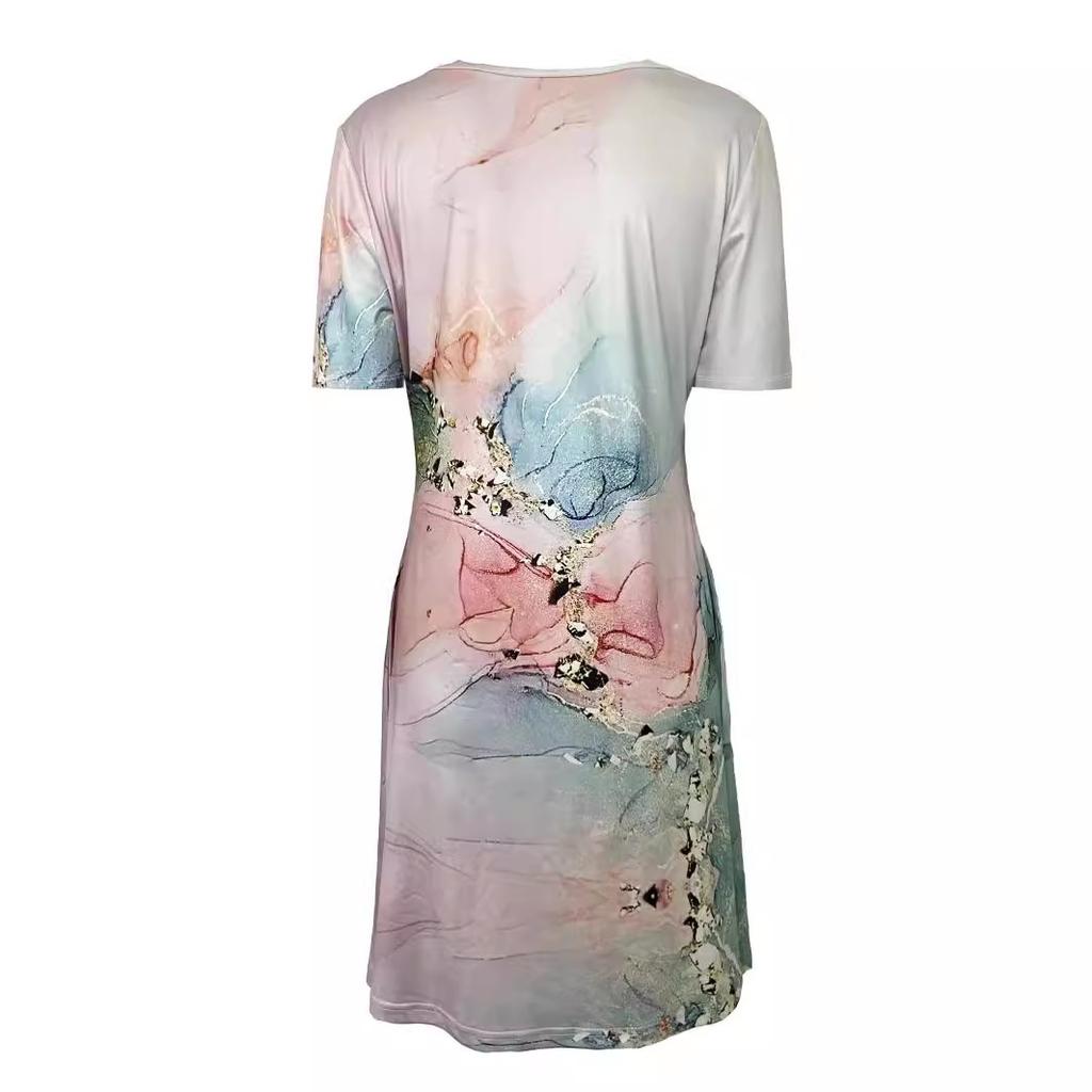 GMXIA Spring Summer Print Elegant Short-sleeved Crewneck Mid-length Dress