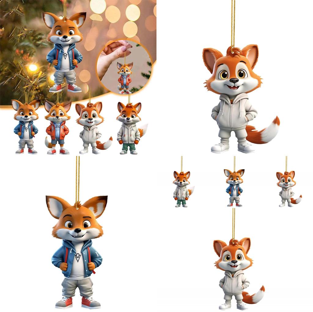 Adorable Cartoon Fox Acrylic Flat Christmas Tree Ornament For Car Interior Decoration