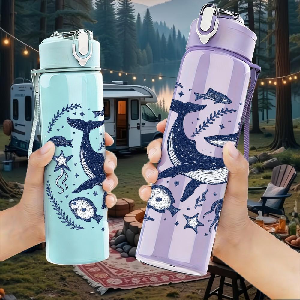 1 PZ Bottiglia d'Acqua Sportiva in Plastica Colorata con Motivo Balena Blu, Inchiostro Blu, 750ml, Ermetica, Tappo con Cannuccia a Flip, Adatta per Sport, Ufficio, Uso Domestico