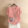 Summer Oversized Cotton and Linen Short-sleeved T-shirt, Cotton and Linen Butterfly Flower Printed Oversized Women's Clothing