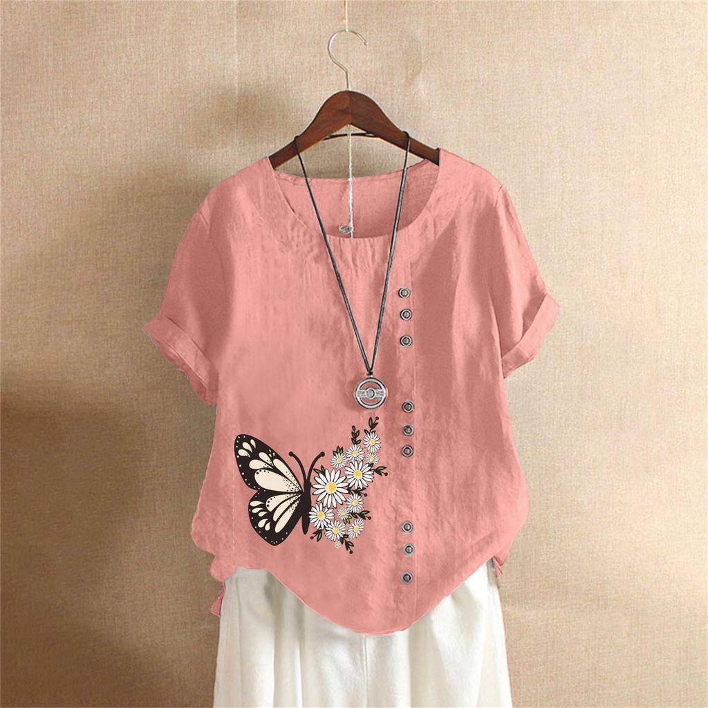 Summer Oversized Cotton and Linen Short-sleeved T-shirt, Cotton and Linen Butterfly Flower Printed Oversized Women's Clothing