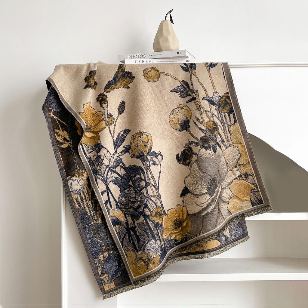 NEW Luxury Winter Cashmere Oil Painting Magnolia Design Scarf Women Warm Pashmina Blanket Poncho Scarves Female Elegance Shawl