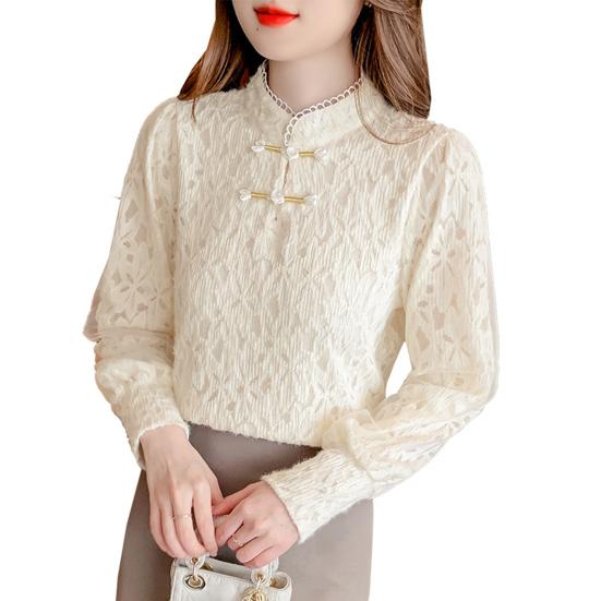 Women Tops Long Sleeve Lace Spliced Slim Fit Half High Collar Pullover Tops