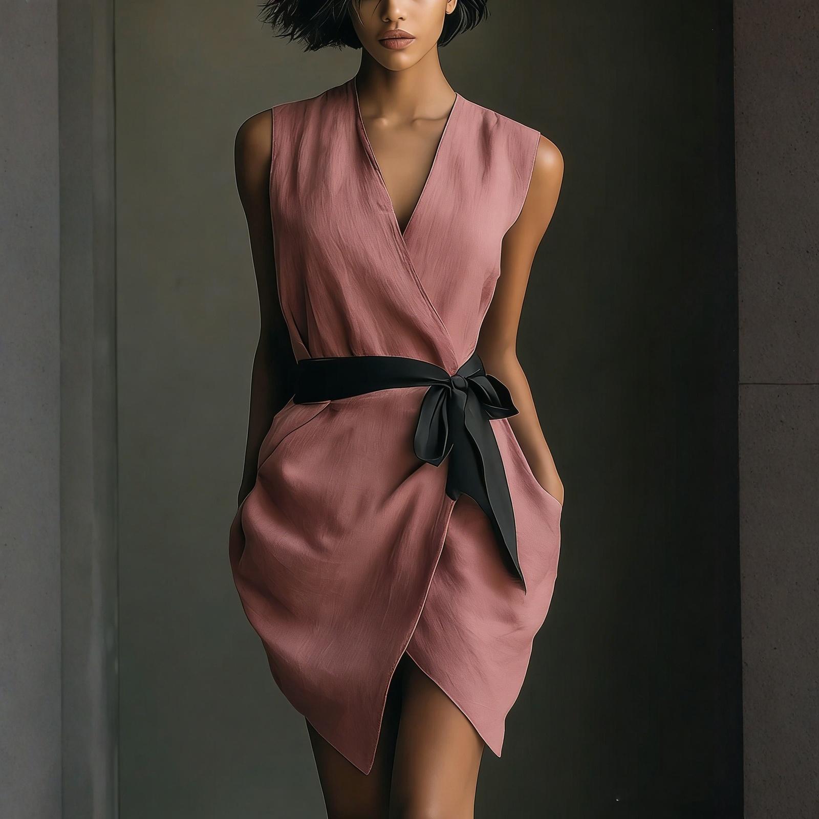 Ladies  Casual And Fashionable Sleeveless V-neck Imitation Cotton And Linen Dress XL розовый