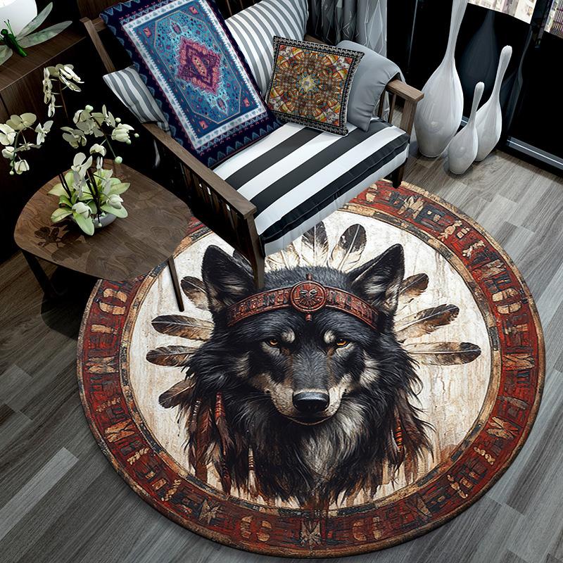 Wolf Chief Round Area Rug,Carpet Rug for Living Room Bedroom Sofa Playroom Decor,Non-slip Floor Mat