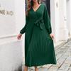 Damen Langarm Maxi Kleid Herbst Winter V-Ausschnitt Schnürung Einfarbig Plissiertes Temperament Größen S bis XXXL