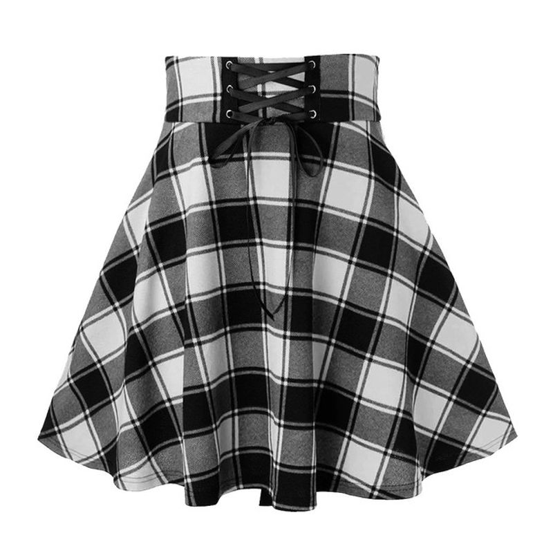 Checked Lace Up Slim a-Line Skirt Plaid Lace Up Slim Fit A- Line Skirt