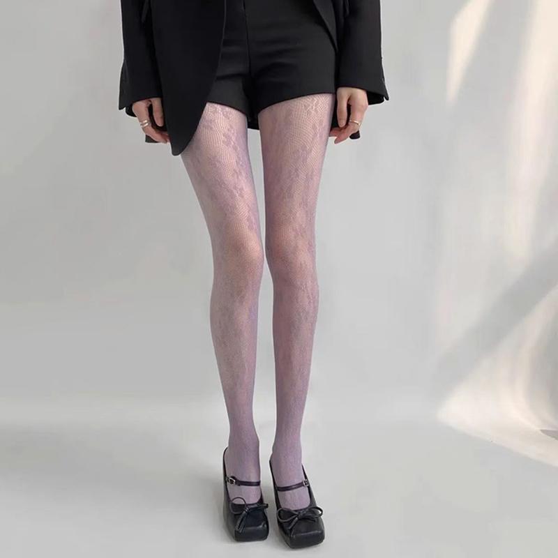 

Floral Pattern Fishnet Pantyhose Women Sexy Hollow Out Mesh Tights Y2k Lolita Nylon Transparent Lace Stockings 2026 New One Size светло-фиолетовый