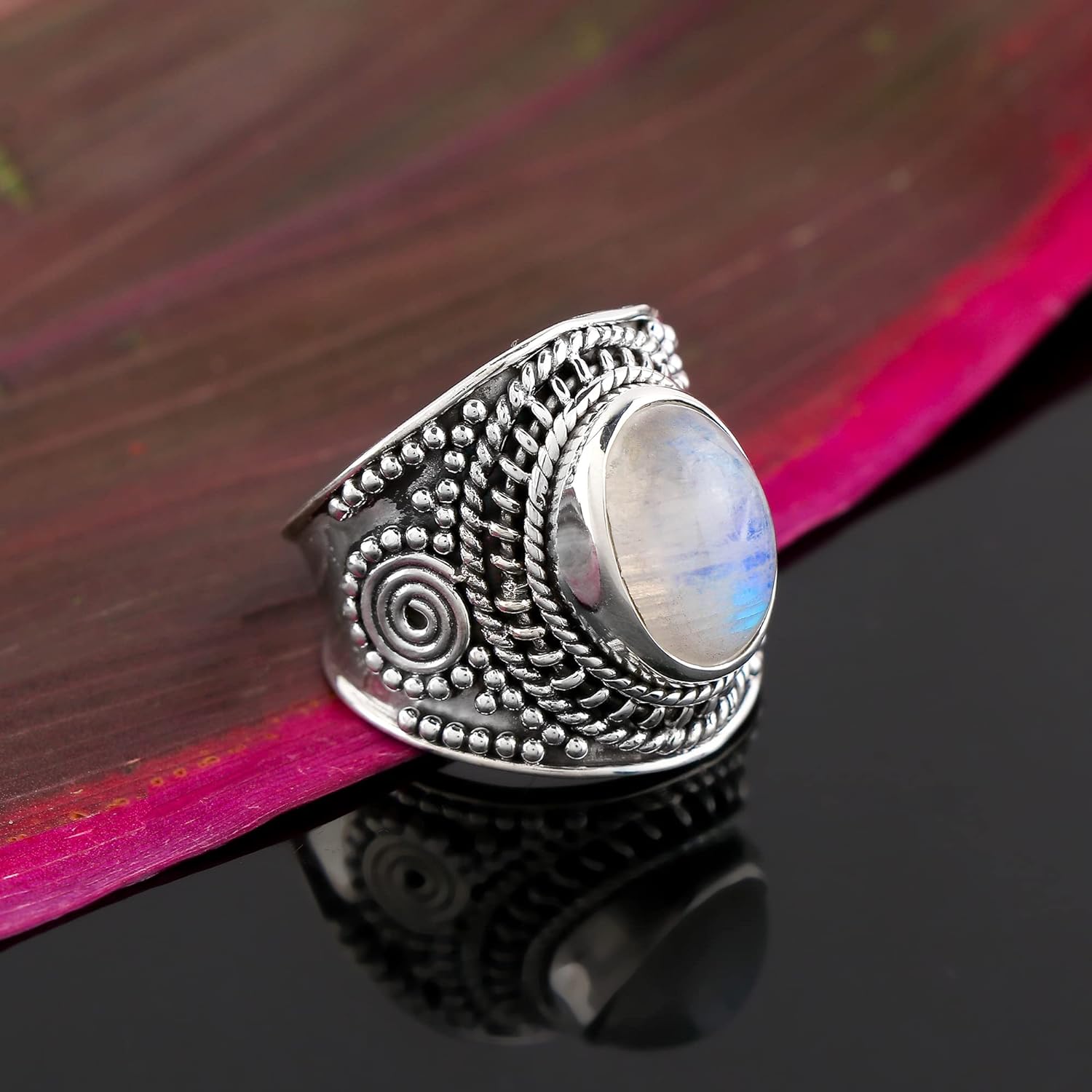 

Кольцо с лунным камнем в стиле бохо, кольцо из цельного серебра 925 пробы, эффектное кольцо, уникальное дизайнерское кольцо 10