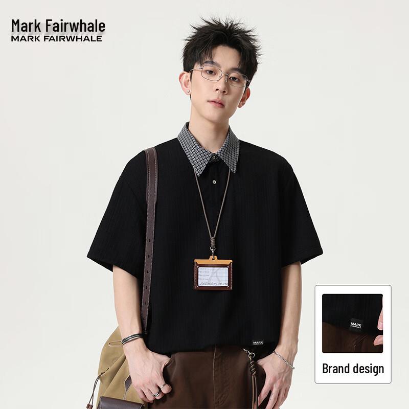 Mark Fairwhale Men s Plaid Patchwork Short-Sleeve Polo Shirt XL
