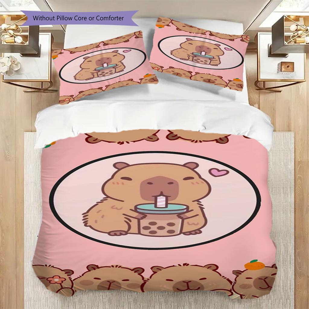Adorable Capybara Backpack Drink Three-piece set (1 * duvet cover + 2 * pillowcase, without core) 2D Flat Soft and comfortable Bedding set