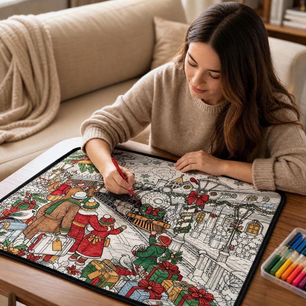 Christmas Coloring Blanket with Watercolor Pens - 100cm Soft Velvet Doodle, Fun Creative Activity