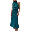 Women Sleeveless Mock Neck Cocktail Dresses Keyhole Elastic Waist Party Wedding Guest Satin High Split Mid Dress