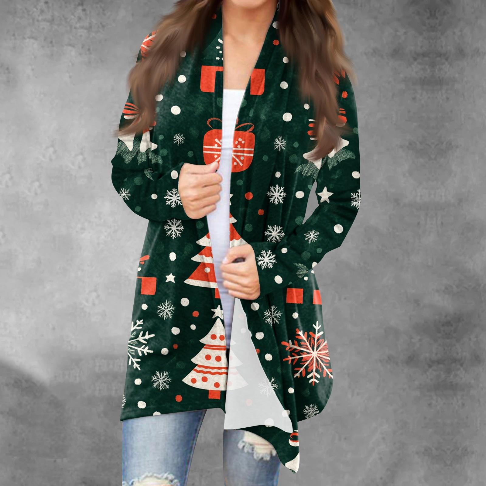 

Женская модная рождественская куртка с принтом, повседневный кардиган с длинным рукавом, пальто XL зелёный