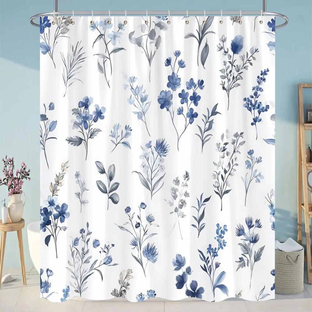 Botanical Flower Shower Curtain Colourful Flowers Green Leaves Watercolour Art Creative Polyester Shower Curtains Bathroom Decor