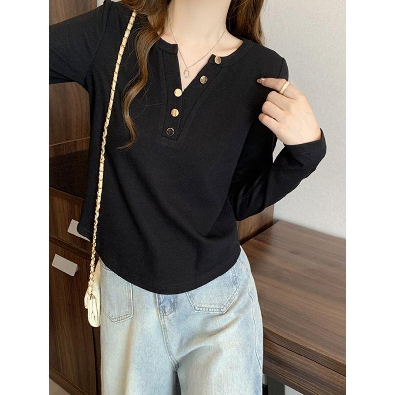 V Neck Chic Slightly Fat Sister Belly-Covering Long Sleeve T-Shirt