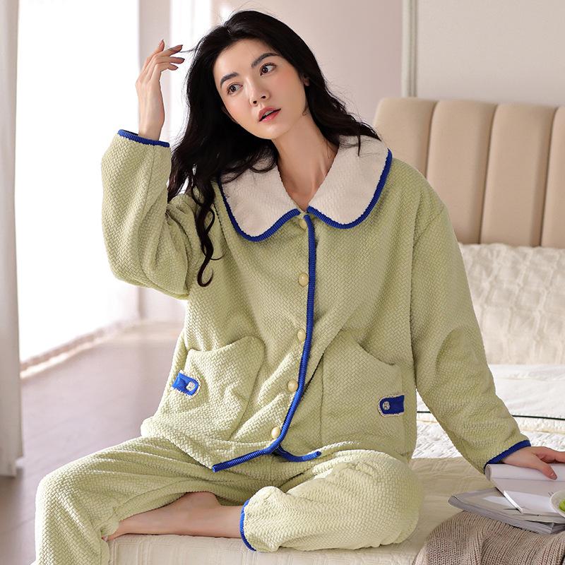 Autumn and winter pajamas women's coral fleece fleece warm simple casual carved flannel outerwear loungewear suit winter