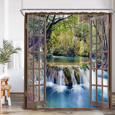 Waterval Landschap Douchegordijn Bos Meer Raam Buiten Natuurlandschap Moderne Huis Badkamer Decor Badgordijnen Met Haken