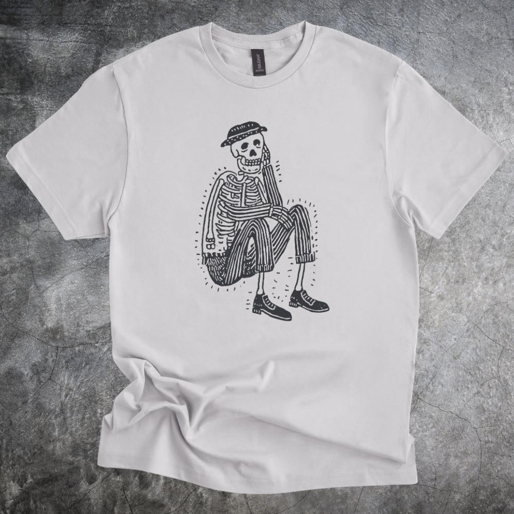 

Skeleton Shirt Sitting Man Line Art Retro Graphic Illustration Bold Tshirt Gray 5XL різнокольоровий