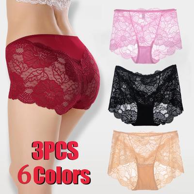 3 Stück Damen-Unterwäsche mit Spitze, gespleißt, feminin, mittlere Taille, hohles Netz, durchsichtige Slips