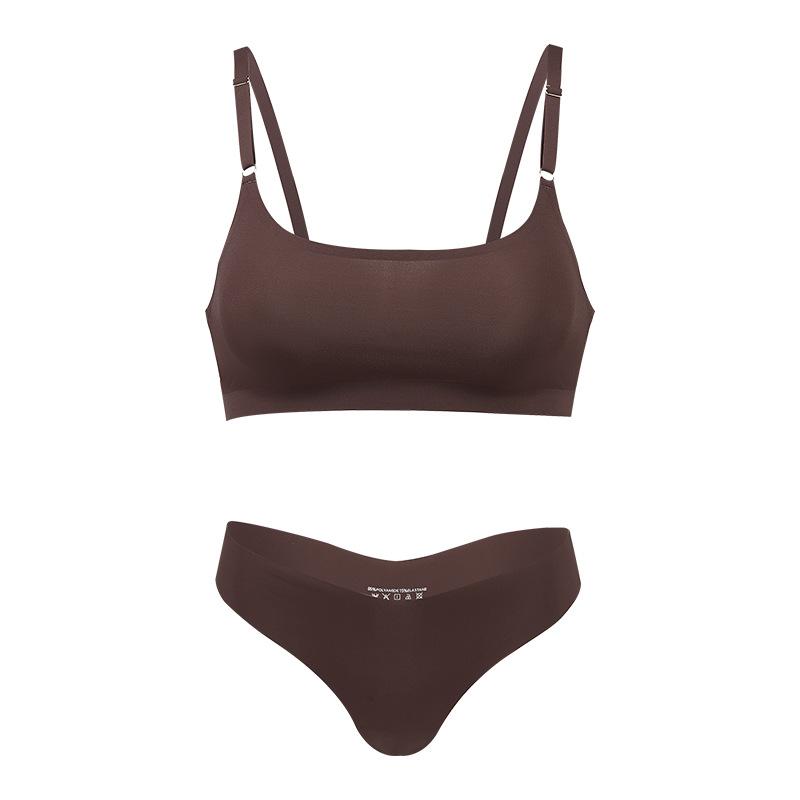 

Высококачественный новейший дизайн, размер США, стильный, сплошной ледяной шелк, бесшовный беспроводной бюстгальтер и комплект женского нижнего белья L темно-коричневого