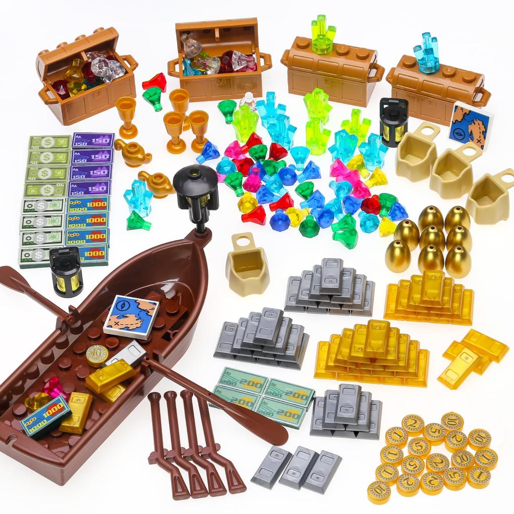Domoni Pirate Expedition Treasure Building Kit - 200+ Piece Pirate Ship & Treasure Chest Building Blocks Set (Includes Gold Bars, Gems, and Golden