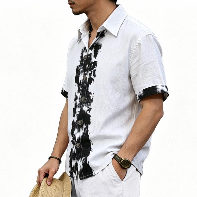 Men Ink Wash Brushstroke Print Lapel Full Button Short Sleeve Casual Shirt