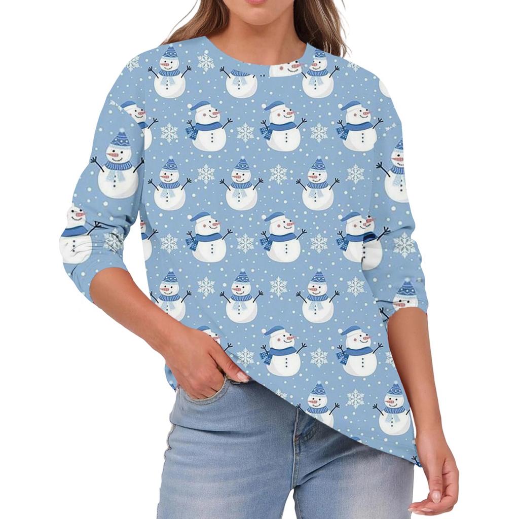 Women's Fashion Casual Christmas Print Round Neck Solid Color Long Sleeve Top