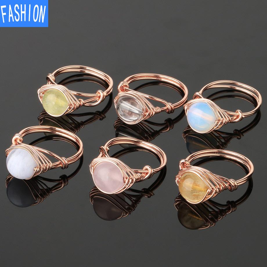 Mit Draht umwickelter runder natürlicher Kristallring, Amethyst-Rosenquarz-Reiki-Heilstein