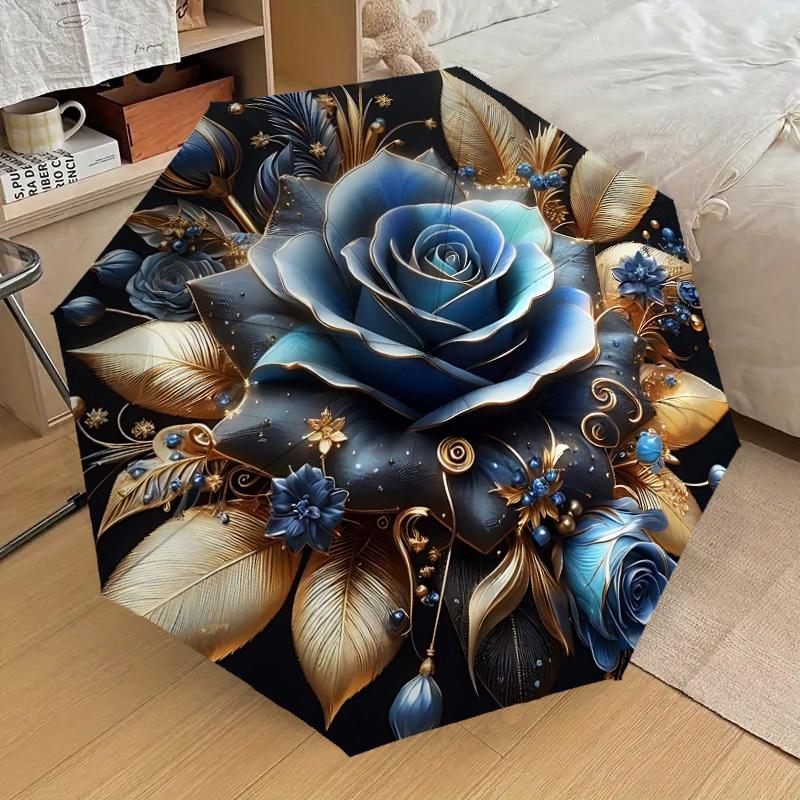1PC Blue Rose Gold Leaf Umbrella-8-Rib Reinforced, Automatic Open, Lightweight & Durable, Cute Fashion Accessory for Outdoor-A1258