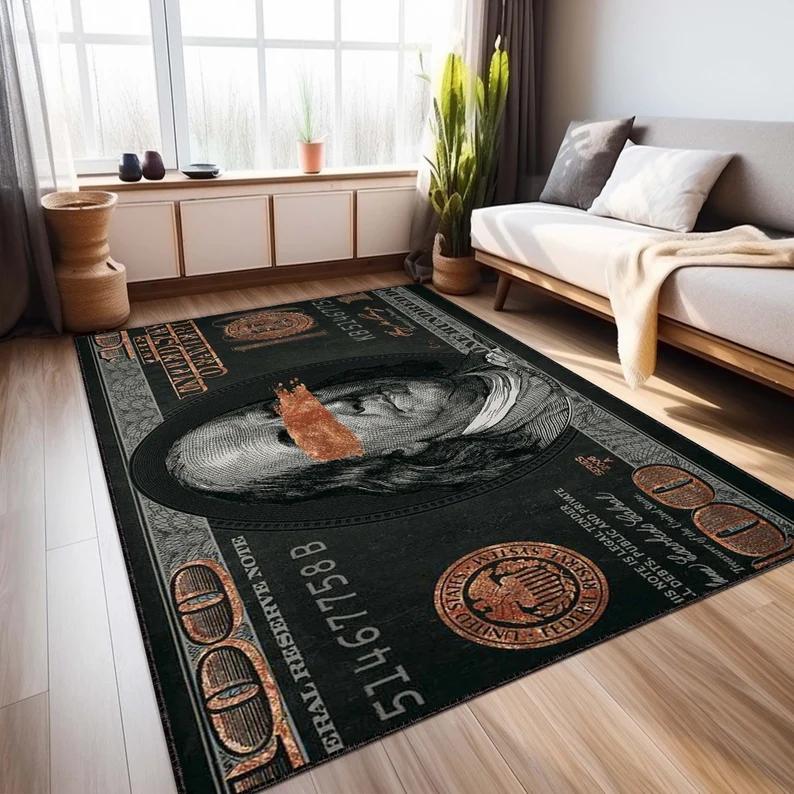 100 Dollar Bill Area Rug Non-Slip Polyester Money Rug Living Room and Bedroom Decoration Carpet