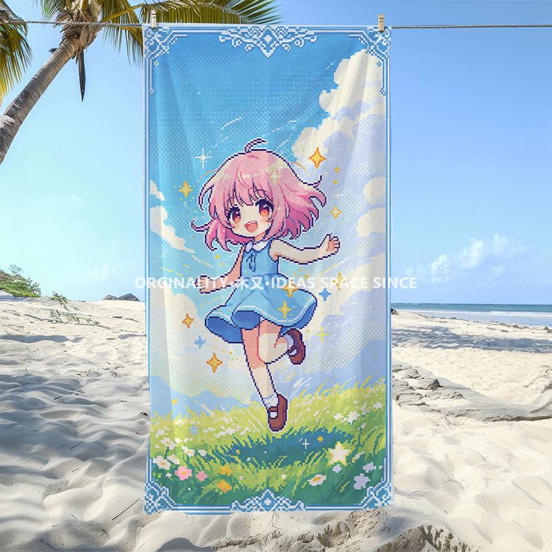 Pixel Chibi Girl Beach Towel Patterned Sunscreen And Windproof Suitable For Swimming Pool Camping Travel Blanket