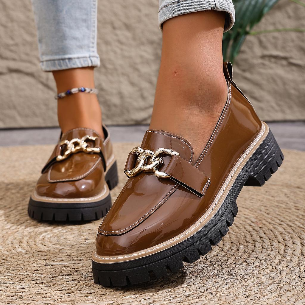 Damskie mokasyny na grubym obcasie, masywne buty codzienne, wiosna jesień, retro płaskie buty damskie, okrągły nosek, zdobione metalem, sneakersy damskie