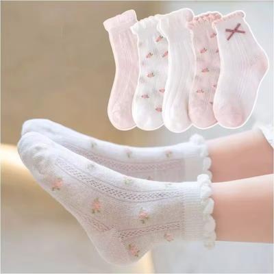 5 Paare/los Nette Kinder Socken Für Mädchen Jungen Baumwolle Solide Prinzessin Kinder Socke Casual Sommer Mesh Dünne Blume Cartoon Socken