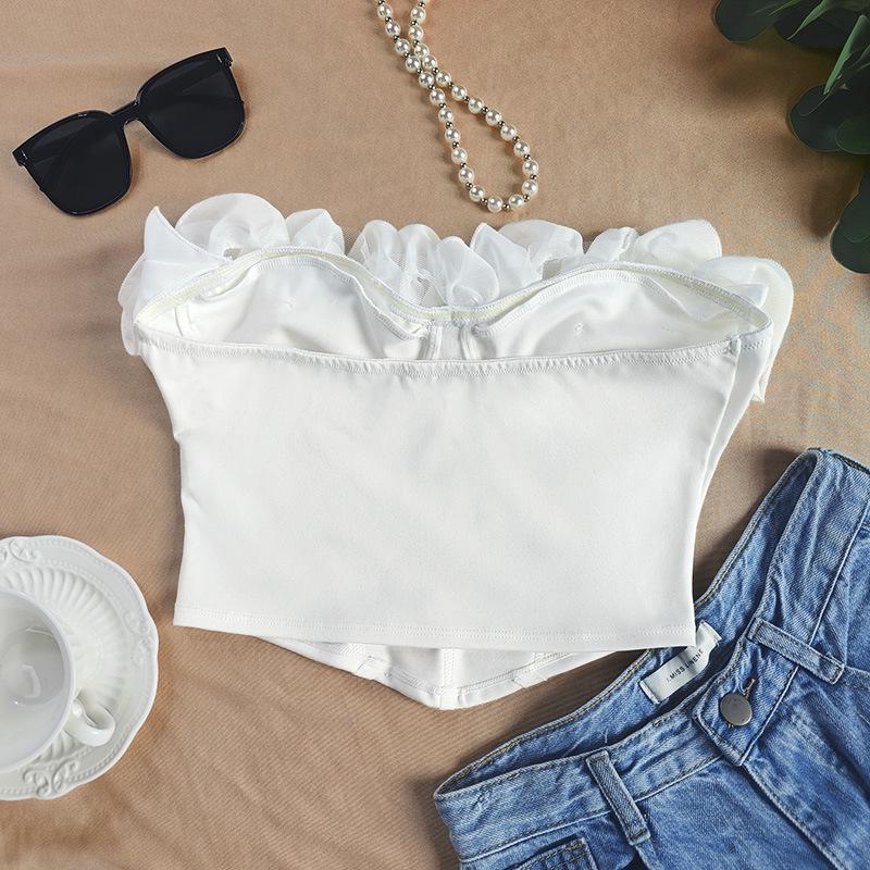 White Petal Edge Ruffle Bandeau: Retro Strapless Slimming Top