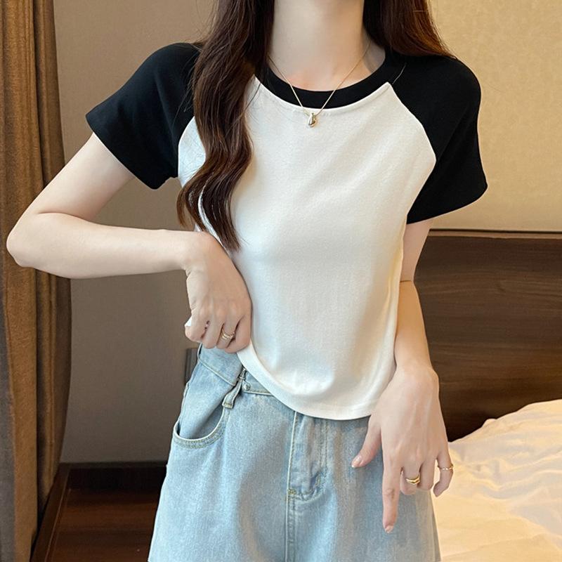 Irregular shoulder sleeve T-shirt women s summer new short slim slim and thin short sleeve design student top M