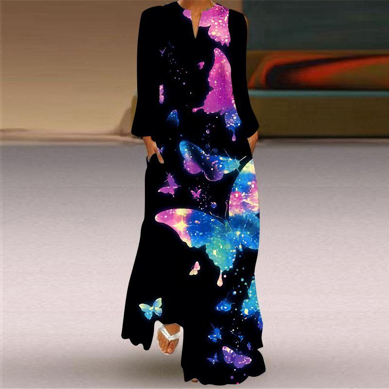 New Chinese Style Chinese Style Skirt Elegant Sexy Long Sleeves 3D Print Long Skirt Loose Plus Size Women's Clothing Long Dress