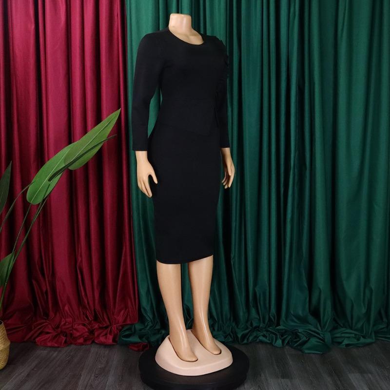 Women Elegant Office Long Sleeve High Waist Solid Bodycon Pencil Midi Dress