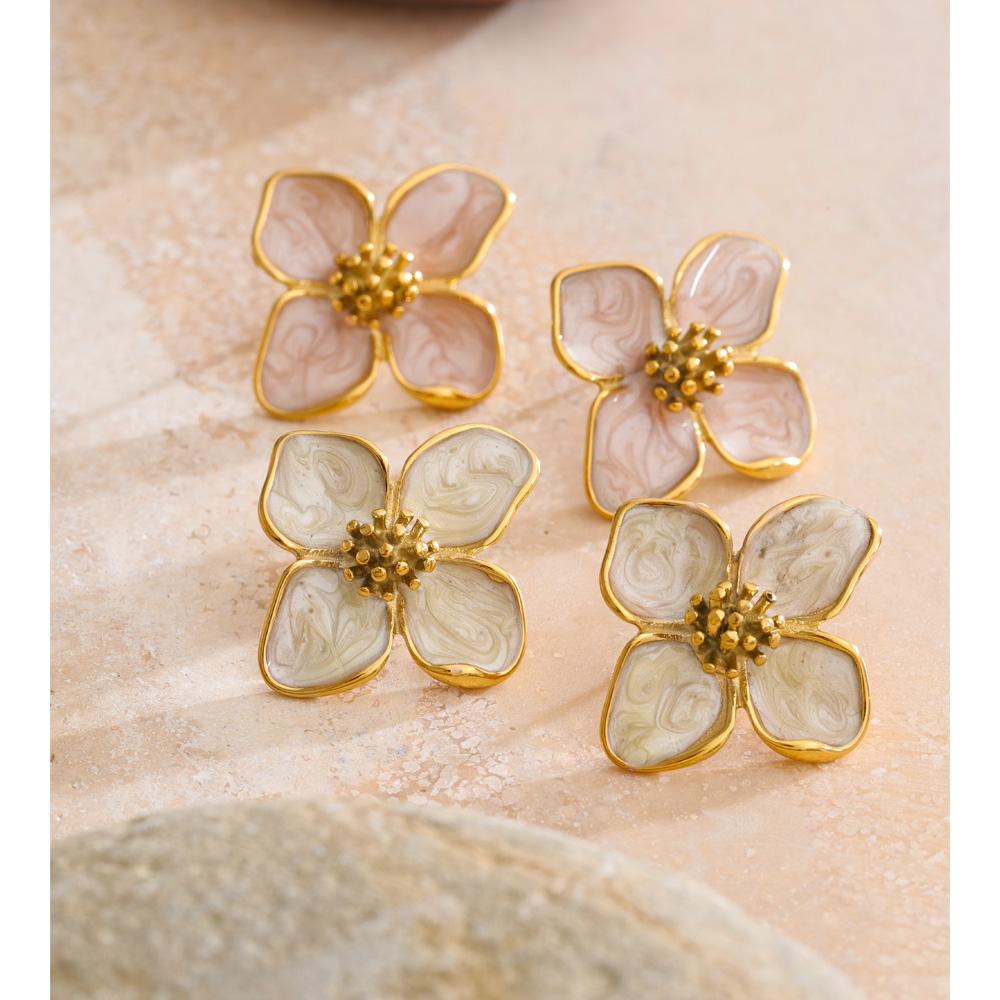 Yhpup 24*26mm Waterproof Stainless Steel Enamel Flower Stud Earrings for Women 16K Golden PVD Plated Exquisite Jewelry Gift