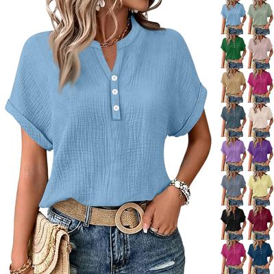 Damen Sommer Oberteile Lässig Knopf V-Ausschnitt Kurzarm Hemden Lockere Pullover Oberteile Oversized Leichte Blusen