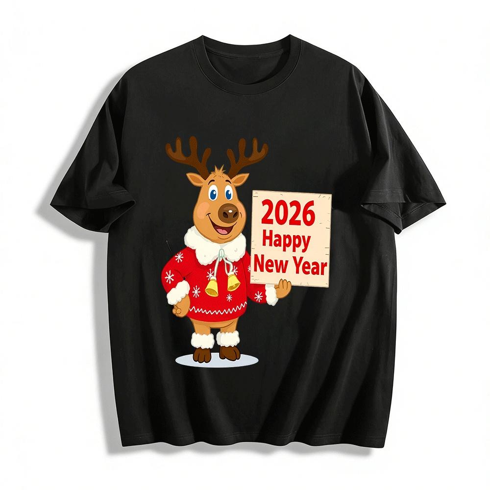 2026 Happy New Year Reindeer Print Casual Long Sleeve Festival Sweatshirt Pure cotton T-shirt XXS