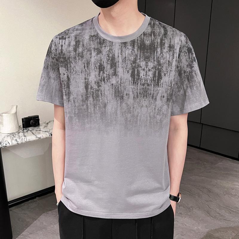 Letnia męska luźna koszula z krótkim rękawem, top z okrągłym dekoltem, kwiecista, rękaw pięć ósmych, koszula z krótkim rękawem