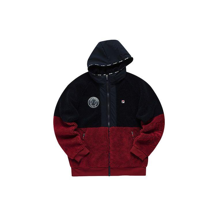 FILA Fleece Color Block Warm Loose Fit Hooded Logo Jacket Men jackets Rust-Red A11M143508F-RD L