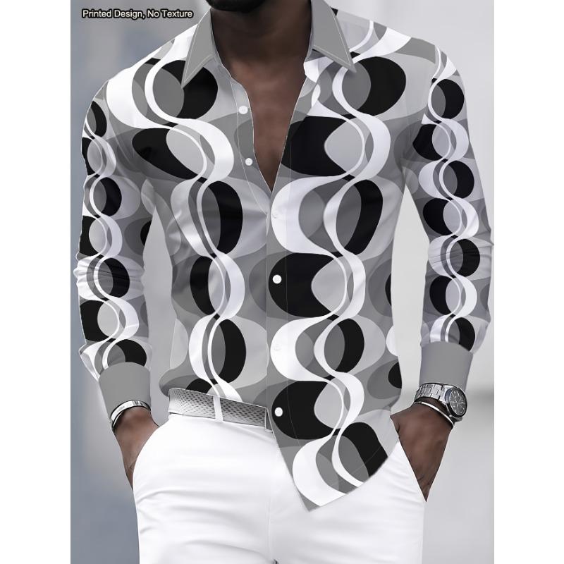 Camisa de manga larga para hombre para fiesta disco de los 70 con estampado digital de círculos geométricos brillantes